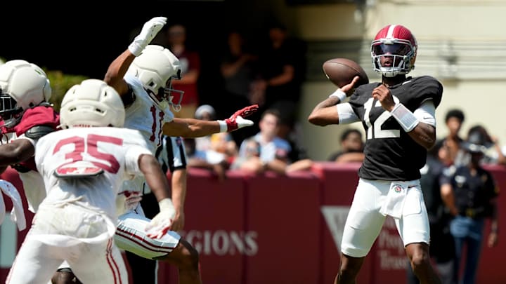 April 11, 2026; Tuscaloosa, AL, USA; Alabama quarterback Keelon Russell throws a pass at Bryant-Denny Stadium during the Alabama A Day scrimmage.