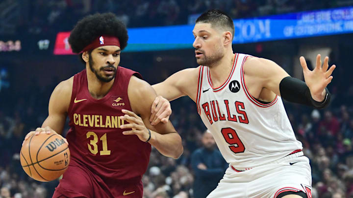 Feb 14, 2024; Cleveland, Ohio, USA; Cleveland Cavaliers center Jarrett Allen (31) drives