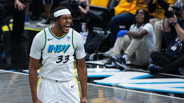 May 9, 2025; Indianapolis, Indiana, USA; Indiana Pacers center Myles Turner (33) celebrates a made basket during game three of the second round for the 2025 NBA Playoffs against the Cleveland Cavaliers at Gainbridge Fieldhouse. Mandatory Credit: Trevor Ruszkowski-Imagn Images