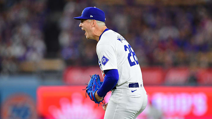 Aug 29, 2024; Los Angeles, California, USA; Los Angeles Dodgers pitcher Bobby Miller (28) reacts following the fourth inning against the Baltimore Orioles at Dodger Stadium. Mandatory Credit: Gary A. Vasquez-Imagn Images