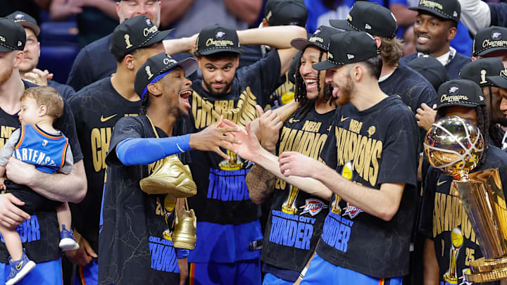 Jun 22, 2025; Oklahoma City, Oklahoma, USA; Oklahoma City Thunder guard Shai Gilgeous-Alexander (2) and Oklahoma City Thunder forward Chet Holmgren (7) celebrate after their team defeated the Indiana Pacers in game seven of the 2025 NBA Finals at Paycom Center. Mandatory Credit: Alonzo Adams-Imagn Images Jun 22, 2025; Oklahoma City, Oklahoma, USA; Oklahoma City Thunder guard Shai Gilgeous-Alexander (2) and Oklahoma City Thunder forward Chet Holmgren (7) celebrate after their team defeated the Indiana Pacers in game seven of the 2025 NBA Finals at Paycom Center. Mandatory Credit: Alonzo Adams-Imagn Images