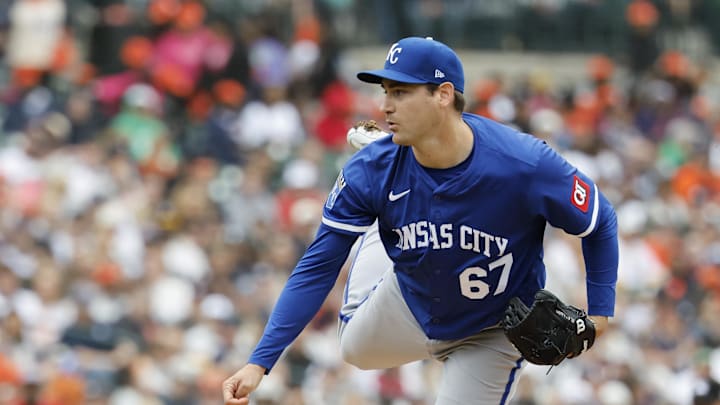 Apr 19, 2025; Detroit, Michigan, USA;  Kansas City Royals pitcher Seth Lugo (67) pitches in the first inning against the Detroit Tigers at Comerica Park. Mandatory Credit: Rick Osentoski-Imagn Images