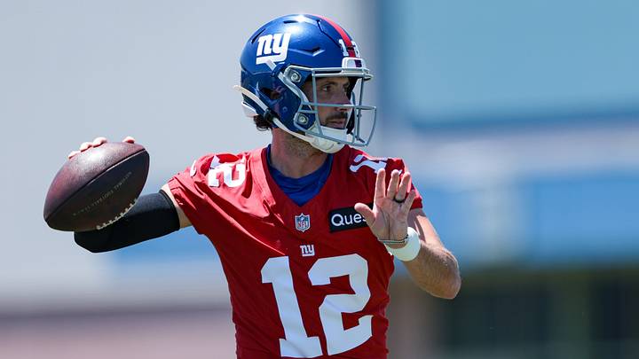 Jun 3, 2026; East Rutherford, NJ, USA;  New York Giants quarterback Brandon Allen participates in drills