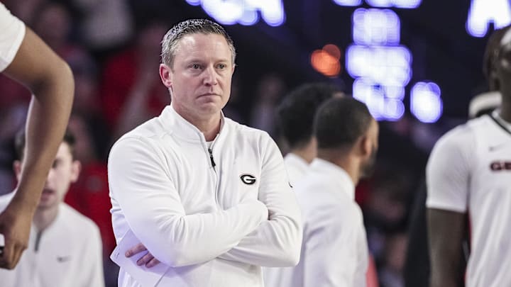Jan 18, 2025; Athens, Georgia, USA; Georgia Bulldogs head coach Mike White on the court during the game against the Auburn Tigers at Stegeman Coliseum. Mandatory Credit: Dale Zanine-Imagn Images