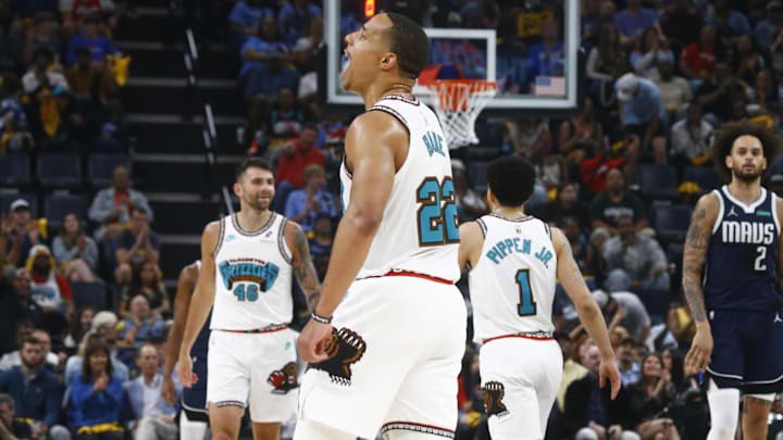 Apr 18, 2025; Memphis, Tennessee, USA; Memphis Grizzlies guard Desmond Bane (22) reacts during the second quarter against the Dallas Mavericks at FedExForum. Mandatory Credit: Petre Thomas-Imagn Images
