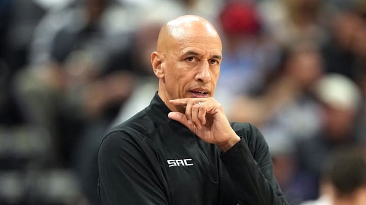 Apr 11, 2025; Sacramento, California, USA; Sacramento Kings interim head coach Doug Christie during the first quarter against the Los Angeles Clippers at Golden 1 Center. Mandatory Credit: Darren Yamashita-Imagn Images