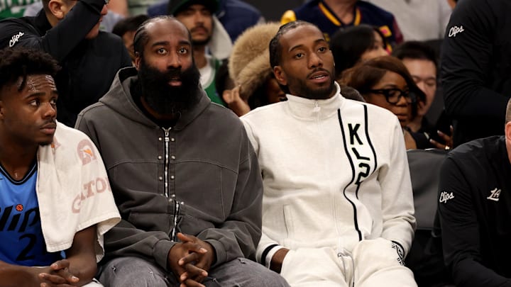 Jan 22, 2025; Inglewood, California, USA; LA Clippers guard James Harden (left) and forward Kawhi Leonard (right) during the second quarter against the Boston Celtics at Intuit Dome. Mandatory Credit: Jason Parkhurst-Imagn Images
