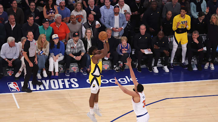 May 29, 2025; New York, New York, USA; Indiana Pacers forward Jarace Walker (5) shoots against New York Knicks center Karl-Anthony Towns (32) in the fourth quarter during game five of the eastern conference finals for the 2025 NBA Playoffs at Madison Square Garden. Mandatory Credit: Brad Penner-Imagn Images