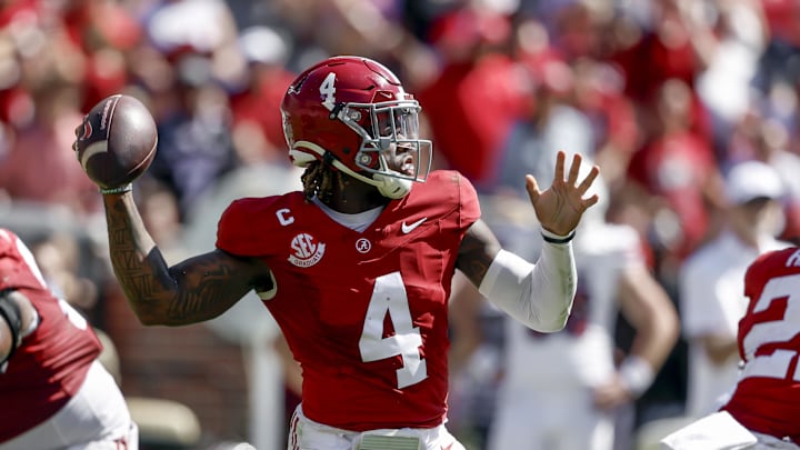 Oct 12, 2024; Tuscaloosa, Alabama, USA; Alabama Crimson Tide quarterback Jalen Milroe (4) throws a pass against the South Carolina Gamecocks during the first half at Bryant-Denny Stadium. Mandatory Credit: Butch Dill-Imagn Images Oct 12, 2024; Tuscaloosa, Alabama, USA; Alabama Crimson Tide quarterback Jalen Milroe (4) throws a pass against the South Carolina Gamecocks during the first half at Bryant-Denny Stadium. Mandatory Credit: Butch Dill-Imagn Images