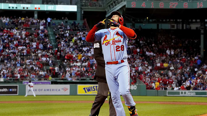Jun 18, 2022; Boston, Massachusetts, USA; St. Louis Cardinals third baseman Nolan Arenado (28) reacts as he crosses home plate after hitting a two run home run against the Boston Red Sox during the first inning at Fenway Park. Mandatory Credit: Gregory Fisher-Imagn Images Jun 18, 2022; Boston, Massachusetts, USA; St. Louis Cardinals third baseman Nolan Arenado (28) reacts as he crosses home plate after hitting a two run home run against the Boston Red Sox during the first inning at Fenway Park. Mandatory Credit: Gregory Fisher-Imagn Images