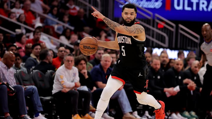 Feb 1, 2025; Houston, Texas, USA; Houston Rockets guard Fred VanVleet (5) handles the ball against the Brooklyn Nets during the first quarter at Toyota Center. Mandatory Credit: Erik Williams-Imagn Images