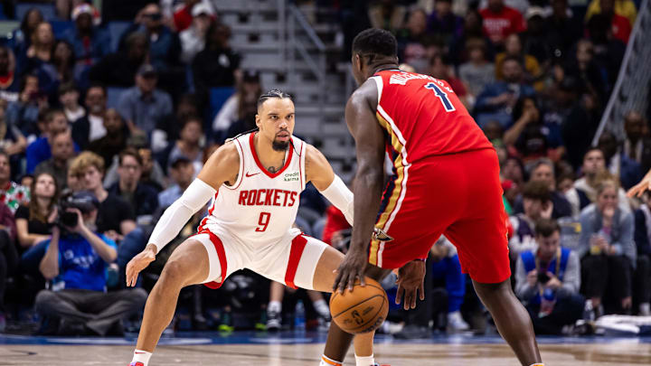 Dec 23, 2023; New Orleans, Louisiana, USA; New Orleans Pelicans forward Zion Williamson (1) looks to drive against Houston Rockets forward Dillon Brooks (9) during the second half at Smoothie King Center. Mandatory Credit: Stephen Lew-Imagn Images Dec 23, 2023; New Orleans, Louisiana, USA; New Orleans Pelicans forward Zion Williamson (1) looks to drive against Houston Rockets forward Dillon Brooks (9) during the second half at Smoothie King Center. Mandatory Credit: Stephen Lew-Imagn Images