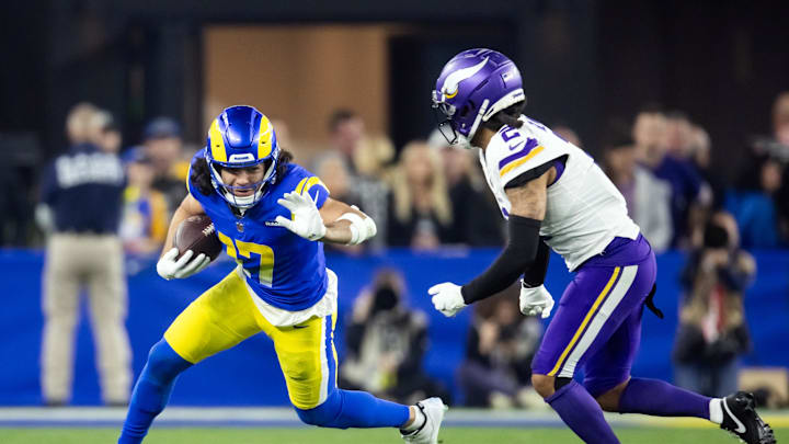 Jan 13, 2025; Glendale, AZ, USA; Los Angeles Rams wide receiver Puka Nacua (17) against the Minnesota Vikings during an NFC wild card game at State Farm Stadium. Mandatory Credit: Mark J. Rebilas-Imagn Images
