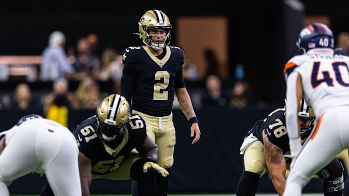 Aug 23, 2025; New Orleans, Louisiana, USA; New Orleans Saints quarterback Spencer Rattler (2) calls for the ball against the Denver Broncos during the first half at Caesars Superdome. Mandatory Credit: Stephen Lew-Imagn Images Aug 23, 2025; New Orleans, Louisiana, USA; New Orleans Saints quarterback Spencer Rattler (2) calls for the ball against the Denver Broncos during the first half at Caesars Superdome. Mandatory Credit: Stephen Lew-Imagn Images