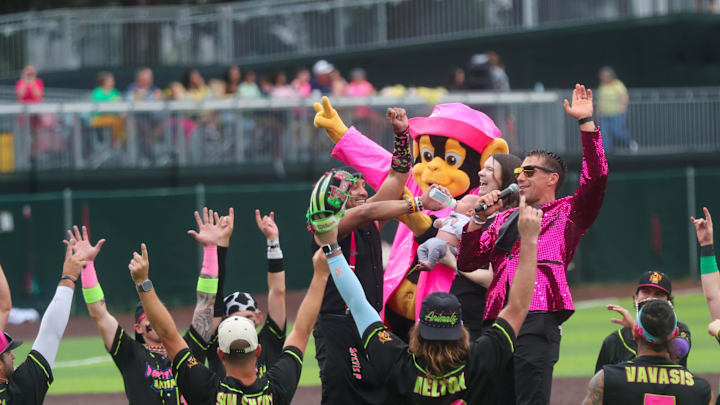 The Party Animals deliver the first (baby) bottle service of the game during the Banana Ball Championship series semifinal game on Sunday, October 5, 2025 at Historic Grayson Stadium.
