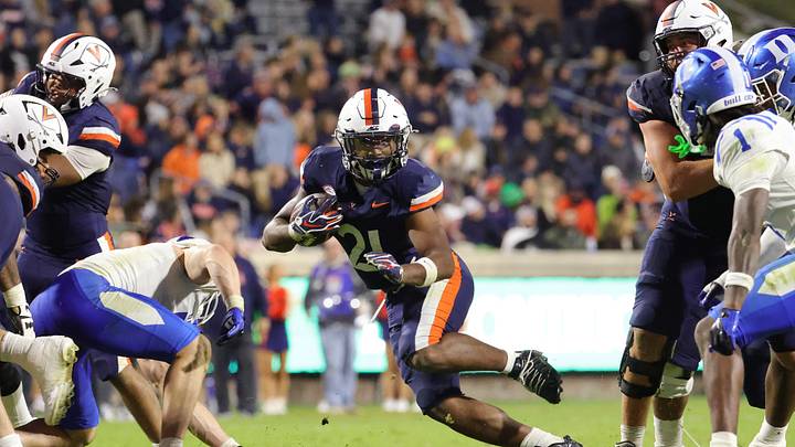 Oct 23, 2026; Charlottesville, Virginia, USA; DUPLICATE***Virginia Cavaliers running back Jekail Middlebrook (21) carries the ball during the second half against the Duke Blue Devils at Scott Stadium. Mandatory Credit: Amber Searls-Imagn Images