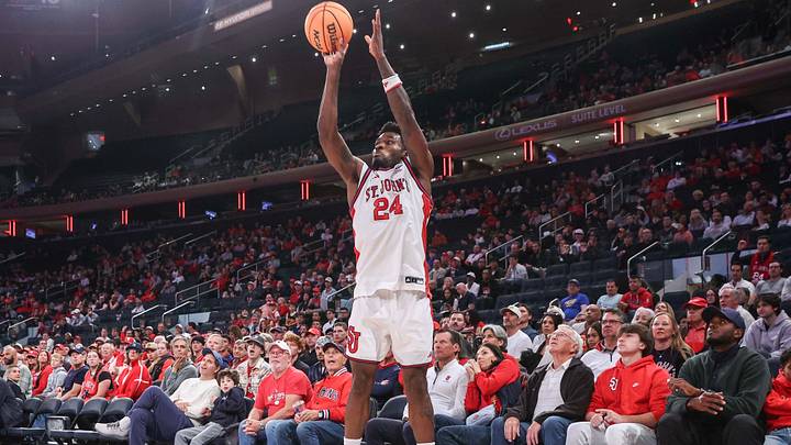 Oct 25, 2026; New York, NY, USA; St. John's Red Storm guard Tounde Yessoufou (24) takes a three point shot in the second half against the Texas Longhorns at Madison Square Garden. Mandatory Credit: Wendell Cruz-Imagn Images Oct 25, 2026; New York, NY, USA; St. John's Red Storm guard Tounde Yessoufou (24) takes a three point shot in the second half against the Texas Longhorns at Madison Square Garden. Mandatory Credit: Wendell Cruz-Imagn Images