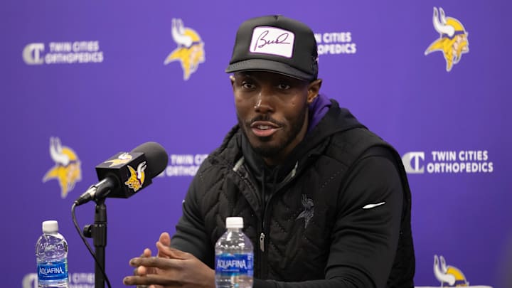 Vikings GM Kwesi Adofo-Mensah speaks to reporters at Twin Cities Orthopedics Performance Center.