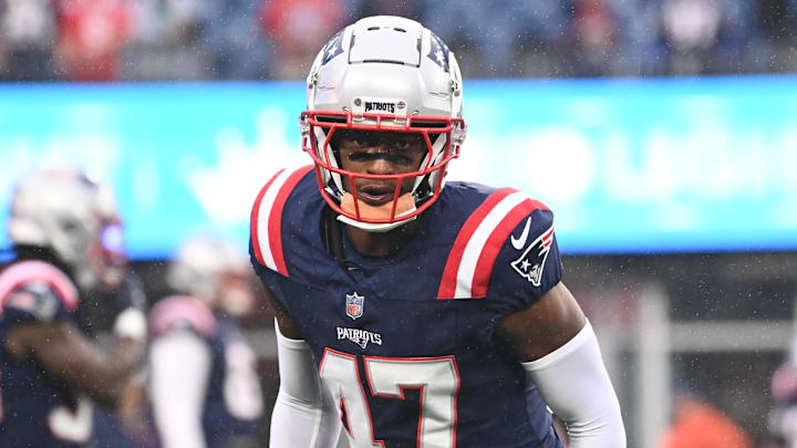 August 8, 2024; Foxborough, MA, USA;  New England Patriots cornerback Mikey Victor (47) warms up before a game against the Carolina Panthers at Gillette Stadium. Mandatory Credit: Eric Canha-Imagn Images