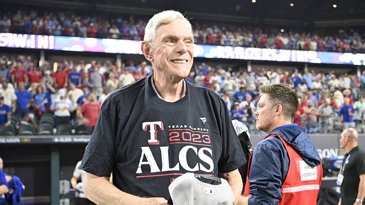 Oct 10, 2023; Arlington, Texas, USA; Texas Rangers owner Ray C. Davis smiles on field after the win against the Baltimore Orioles in game three of the ALDS for the 2023 MLB playoffs at Globe Life Field. Mandatory Credit: Jerome Miron-Imagn Images Oct 10, 2023; Arlington, Texas, USA; Texas Rangers owner Ray C. Davis smiles on field after the win against the Baltimore Orioles in game three of the ALDS for the 2023 MLB playoffs at Globe Life Field. Mandatory Credit: Jerome Miron-Imagn Images