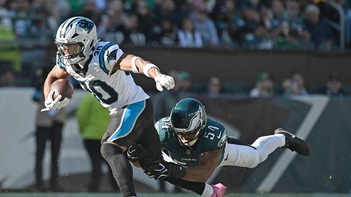 Carolina Panthers running back Chuba Hubbard (30) is tackled by Philadelphia Eagles linebacker Jeremiah Trotter Jr. Carolina Panthers running back Chuba Hubbard (30) is tackled by Philadelphia Eagles linebacker Jeremiah Trotter Jr.