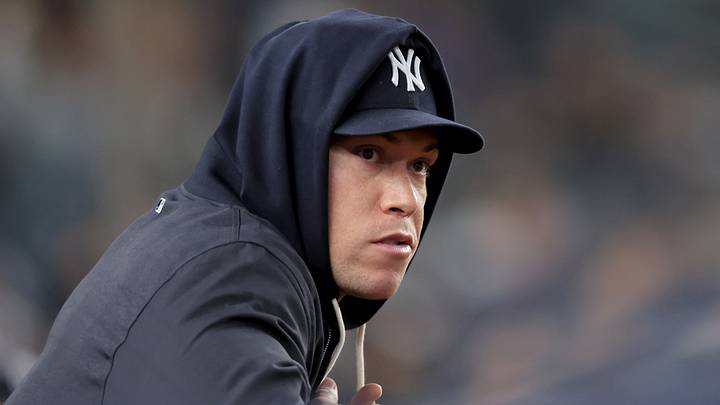 New York Yankees injured right fielder Aaron Judge (99) watches from the dugout during the fifth inning against the Tampa Bay Rays at Yankee Stadium. New York Yankees injured right fielder Aaron Judge (99) watches from the dugout during the fifth inning against the Tampa Bay Rays at Yankee Stadium.
