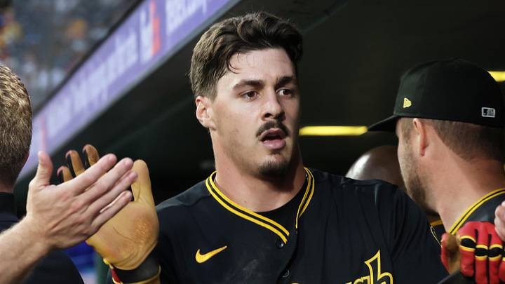 May 26, 2026; Pittsburgh, Pennsylvania, USA;  Pittsburgh Pirates shortstop Konnor Griffin (6) celebrates in the dugout after scoring a run against the Chicago Cubs during the sixth inning at PNC Park. Mandatory Credit: Charles LeClaire-Imagn Images
