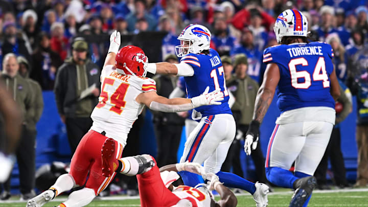 Nov 2, 2025; Orchard Park, New York, USA; Buffalo Bills quarterback Josh Allen (17) stiff arms Kansas City Chiefs linebacker Leo Chenal (54) in the second half at Highmark Stadium. Mandatory Credit: Mark Konezny-Imagn Images Nov 2, 2025; Orchard Park, New York, USA; Buffalo Bills quarterback Josh Allen (17) stiff arms Kansas City Chiefs linebacker Leo Chenal (54) in the second half at Highmark Stadium. Mandatory Credit: Mark Konezny-Imagn Images