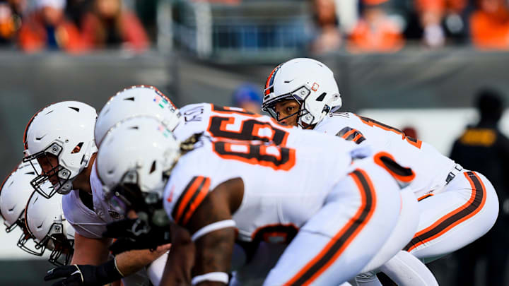 Dec 22, 2024; Cincinnati, Ohio, USA; Cleveland Browns quarterback Dorian Thompson-Robinson (17) prepares to snap the ball against the Cincinnati Bengals in the first half at Paycor Stadium. Mandatory Credit: Katie Stratman-Imagn Images