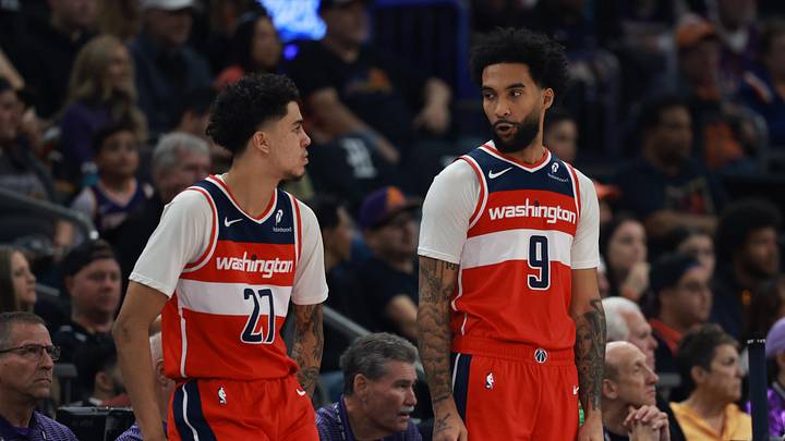 Jan 11, 2026; Phoenix, Arizona, USA; Washington Wizards forward Justin Champagnie (9) with guard Will Riley (27) against the Phoenix Suns at Mortgage Matchup Center. Mandatory Credit: Mark J. Rebilas-Imagn Images Jan 11, 2026; Phoenix, Arizona, USA; Washington Wizards forward Justin Champagnie (9) with guard Will Riley (27) against the Phoenix Suns at Mortgage Matchup Center. Mandatory Credit: Mark J. Rebilas-Imagn Images