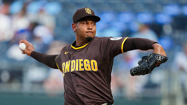 Jul 18, 2026; Kansas City, Missouri, USA; San Diego Padres pitcher Jhony Brito (76) pitches during the eighth inning against the San Diego Padres at Kauffman Stadium. Mandatory Credit: Jay Biggerstaff-Imagn Images