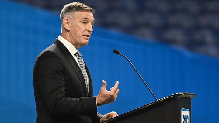 Jul 23, 2024; Indianapolis, IN, USA;  Big Ten commissioner Tony Petitti speaks to the media during the Big 10 football media day at Lucas Oil Stadium. Mandatory Credit: Robert Goddin-Imagn Images