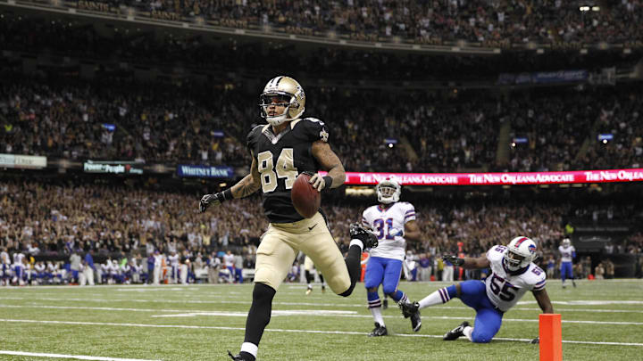 Oct 27, 2013; New Orleans, LA, USA; New Orleans Saints wide receiver Kenny Stills (84) carries the ball into the end zone for a touchdown in the second quarter agains the Buffalo Bills at Mercedes-Benz Superdome. Mandatory Credit: Crystal LoGiudice-Imagn Images