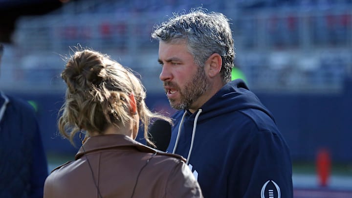 Dec 20, 2025; Oxford, MS, USA; Mississippi Rebels head coach Pete Golding interviews prior to the game against the Tulane Green Wave at Vaught-Hemingway Stadium. Mandatory Credit: Petre Thomas-Imagn Images