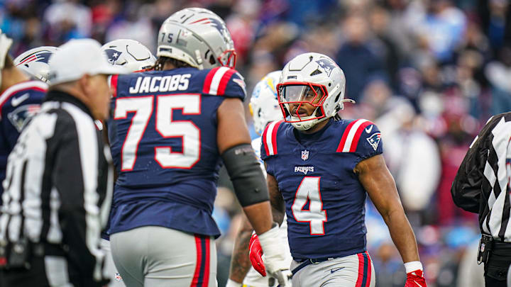 Dec 28, 2024; Foxborough, Massachusetts, USA; New England Patriots running back Antonio Gibson (4) on the field against the Los Angeles Chargers in the first half at Gillette Stadium. Mandatory Credit: David Butler II-Imagn Images