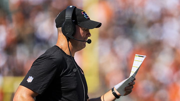 Oct 6, 2024; Cincinnati, Ohio, USA; Cincinnati Bengals head coach Zac Taylor calls a play in the first half against the Baltimore Ravens at Paycor Stadium. Mandatory Credit: Katie Stratman-Imagn Images