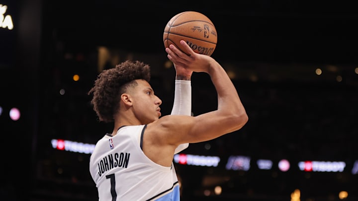 Nov 25, 2024; Atlanta, Georgia, USA; Atlanta Hawks forward Jalen Johnson (1) shoots against the Dallas Mavericks in the third quarter at State Farm Arena. Mandatory Credit: Brett Davis-Imagn Images