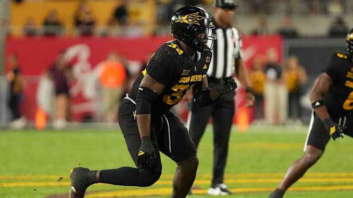 Sep 26, 2025; Tempe, Arizona, USA; Arizona State Sun Devils defensive lineman Prince Dorbah (32) rushes the passer against the TCU Horned Frogs in the second half at Mountain America Stadium, Home of the ASU Sun Devils. Mandatory Credit: Jacob Reiner-Imagn Images Sep 26, 2025; Tempe, Arizona, USA; Arizona State Sun Devils defensive lineman Prince Dorbah (32) rushes the passer against the TCU Horned Frogs in the second half at Mountain America Stadium, Home of the ASU Sun Devils. Mandatory Credit: Jacob Reiner-Imagn Images