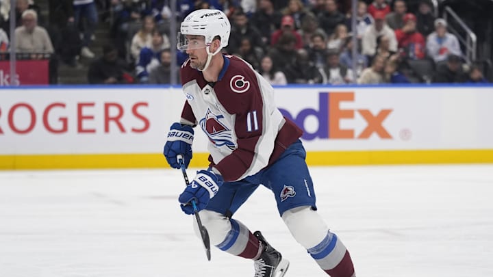 Jan 25, 2026; Toronto, Ontario, CAN; Colorado Avalanche forward Brock Nelson (11) skates against the Toronto Maple Leafs during the second period at Scotiabank Arena. Mandatory Credit: John E. Sokolowski-Imagn Images