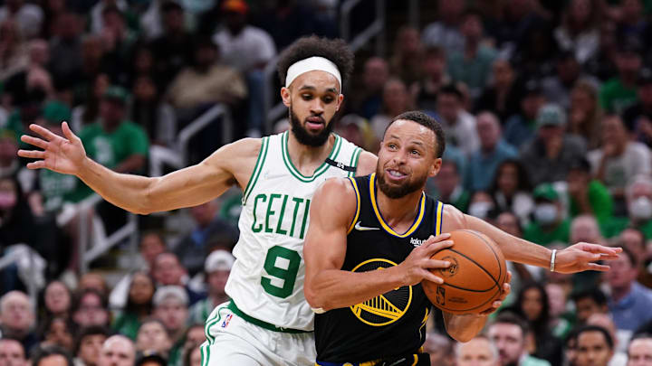 Jun 10, 2022; Boston, Massachusetts, USA; Golden State Warriors guard Stephen Curry (30) drives the ball against Boston Celtics guard Derrick White (9) in the first quarter during game four of the 2022 NBA Finals at TD Garden. Mandatory Credit: David Butler II-Imagn Images