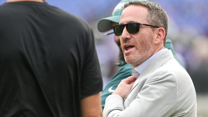 Aug 12, 2023; Baltimore, Maryland, USA;   Philadelphia Eagles general manager Howie Roseman speaks