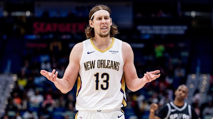 Feb 25, 2025; New Orleans, Louisiana, USA;  New Orleans Pelicans forward Kelly Olynyk (13) reacts to a call during the second half against the San Antonio Spurs at Smoothie King Center. Mandatory Credit: Stephen Lew-Imagn Images
