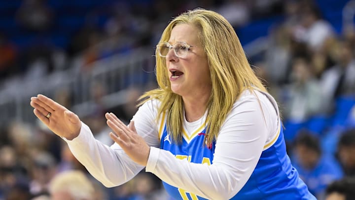 Feb 20, 2025; Los Angeles, California, USA; UCLA Bruins head coach Cori Close reacts during the second quarter against the Illinois Fighting Illini at Pauley Pavilion presented by Wescom. Mandatory Credit: Robert Hanashiro-Imagn Images
