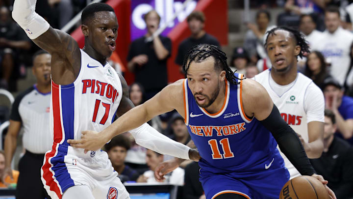 New York Knicks guard Jalen Brunson dribbles defended by Detroit Pistons guard Dennis Schroder. Mandatory Credit: Rick Osentoski-Imagn Images New York Knicks guard Jalen Brunson dribbles defended by Detroit Pistons guard Dennis Schroder. Mandatory Credit: Rick Osentoski-Imagn Images