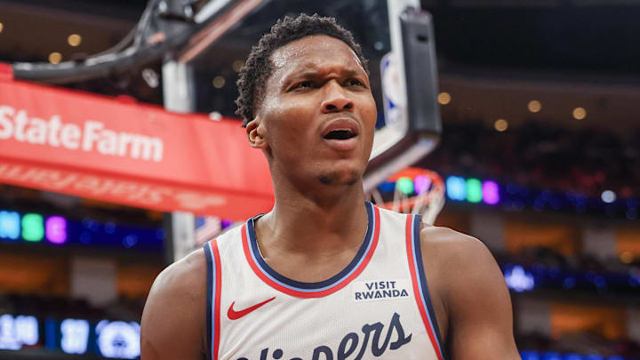 Feb 11, 2026; Houston, Texas, USA; Los Angeles Clippers guard Bennedict Mathurin (9) reacts to no call while playing against the Houston Rockets in the second quarter at Toyota Center. Mandatory Credit: Thomas Shea-Imagn Images