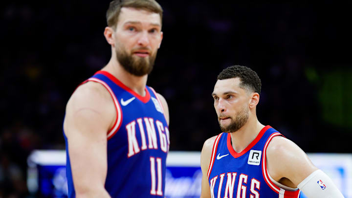 Feb 21, 2025; Sacramento, California, USA; Sacramento Kings guard Zach LaVine (8) and forward Domantas Sabonis (11) look on during the fourth quarter against the Golden State Warriors at Golden 1 Center. Mandatory Credit: Sergio Estrada-Imagn Images