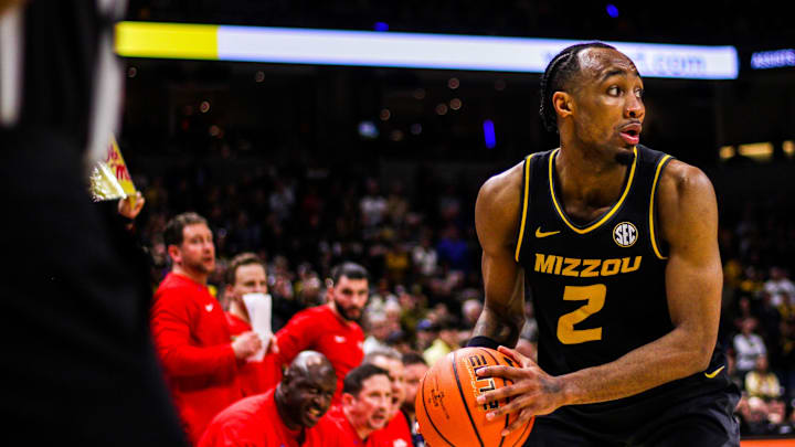 Missouri Guard Tamar Bates looks to pass during a college basketball game against Ole Miss at Mizzou Arena on Mar. 2, 2024, in Columbia, Mo.