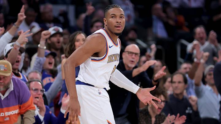 Oct 20, 2026; New York, New York, USA; New York Knicks guard Miles McBride (2) celebrates his three point shot against the Philadelphia 76ers during the first quarter at Madison Square Garden. Mandatory Credit: Brad Penner-Imagn Images