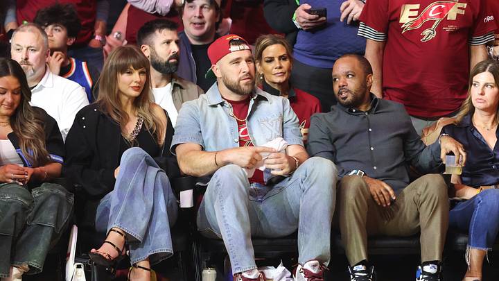 May 23, 2026; Cleveland, Ohio, USA; Taylor Swift and Travis Kelce look on during game three of the eastern conference finals for the 2026 NBA playoffs between the New York Knicks and Cleveland Cavaliers at Rocket Arena. Mandatory Credit: Scott Galvin-Imagn Images May 23, 2026; Cleveland, Ohio, USA; Taylor Swift and Travis Kelce look on during game three of the eastern conference finals for the 2026 NBA playoffs between the New York Knicks and Cleveland Cavaliers at Rocket Arena. Mandatory Credit: Scott Galvin-Imagn Images