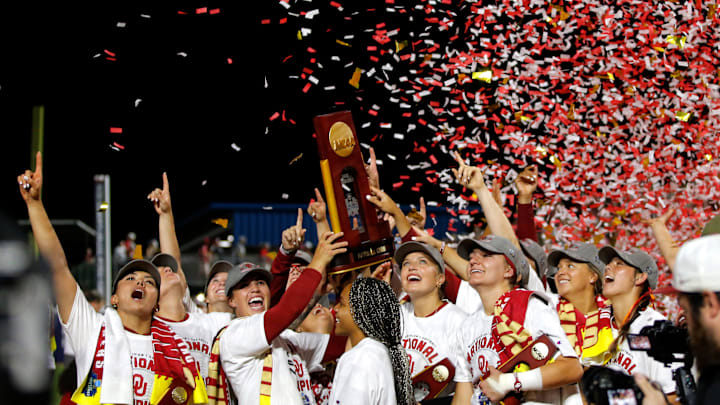Oklahoma celebrates the Women's College World Championship over Florida State at USA Softball Hall of Fame Stadium in Oklahoma City.